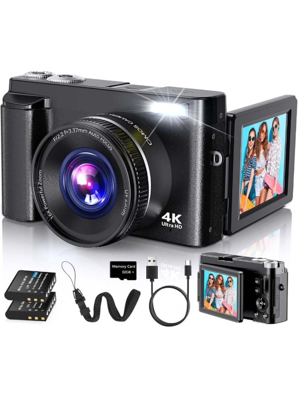 48MP 4K Digital Camera with Autofocus, 180° Flip Screen, 16X Zoom & 2 Batteries